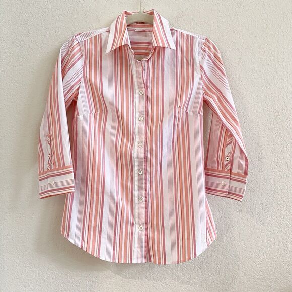 J Crew Haberdashery Women Size XS Classic Pink White Stripe Button Up Shirt - Picture 1 of 9